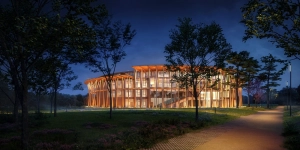Nighttime photo of Ceva's new headquarters in Libourne France